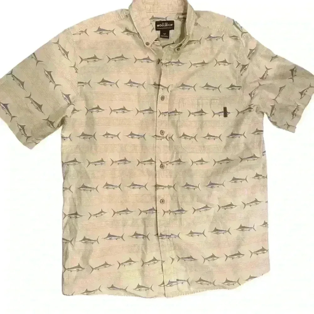Woolrich Men’s Short Sleeve Swordfish Print Button Down Size L Pale Yellow